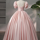 Beautiful Pink Scoop Neck Satin Floor Length Prom Dress, A-Line Short Sleeve Evening Dress with Bow Y6082