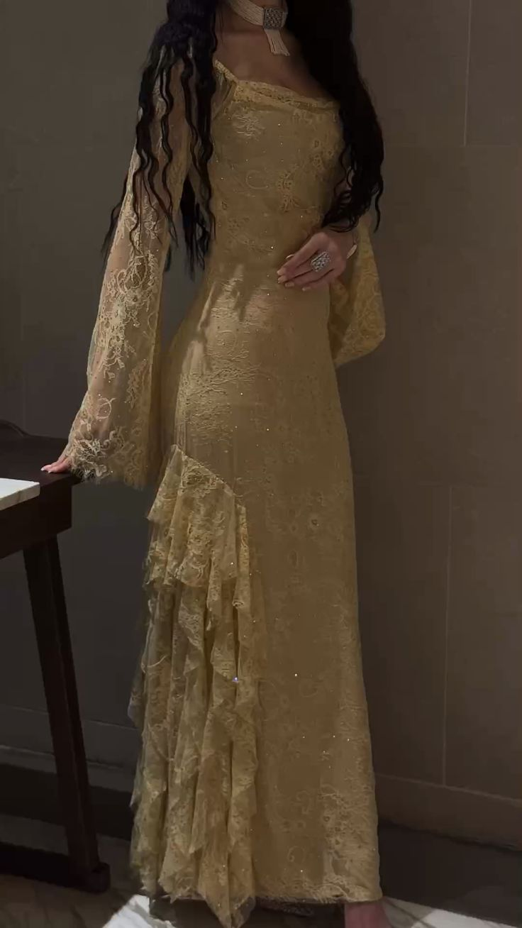 Charming Yellow Lace Mermaid Long Party Dress Formal Birthday Prom Dress SP1277