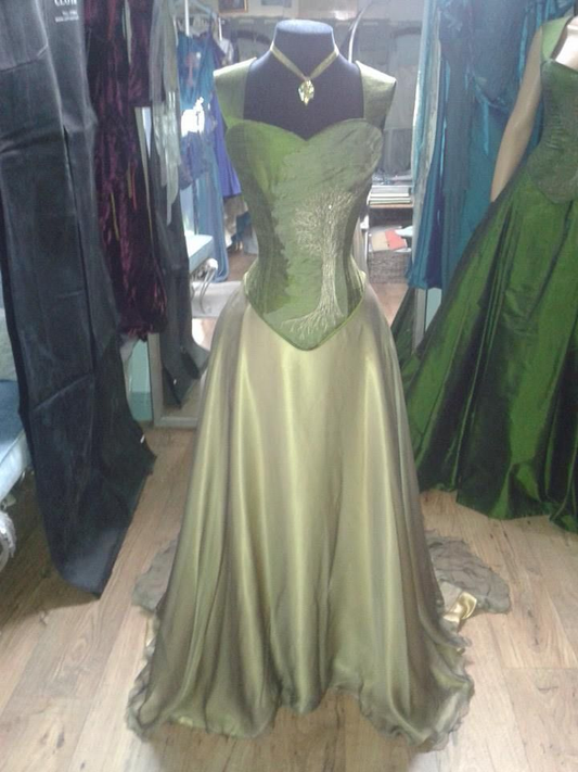 Vintage Green Satin A Line Evening Dress Formal Party Dress Y8733