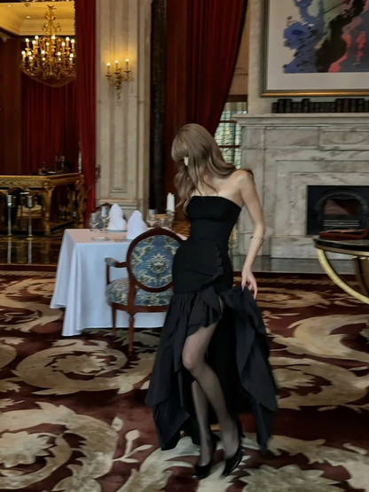 Sexy Strapless Black Satin With Ruffles Mermaid Long Birthday Party Gown Evening Dresses SP4112