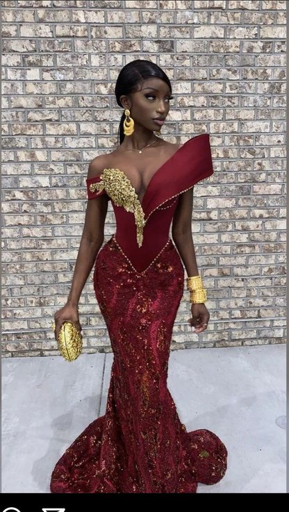 Burgundy African mermaid wedding dress, engagement dress, mermaid prom Simplepromdress Burgundy African mermaid wedding dress, engagement dress, mermaid prom Simplepromdress