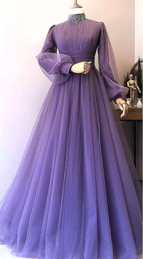 purple vintage prom dress High Neck Vintage Prom Dresses Long Sleeve Muslim Beaded Lace Tulle El – Simplepromdress