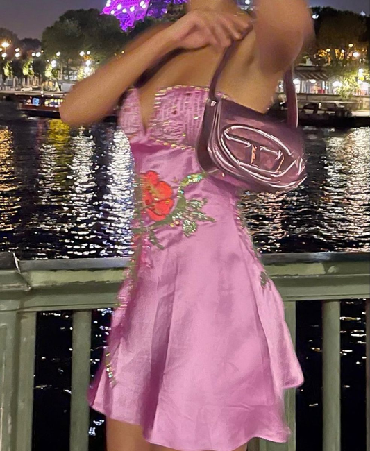 Pretty Spaghetti Straps Pink Satin Sequin Graduation Homecoming Dress Short Cocktail Dress Birthday Outfits Y9347