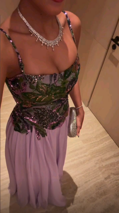 Sparkly Spaghetti Straps Purple Sequin Chiffon Long Party Dress Birthday Prom Dress SP3992