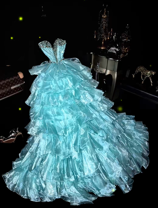 Classy Sweetheart Neck Blue Tulle Layered Beaded Long Birthday Prom Dress Evening Gown SP723