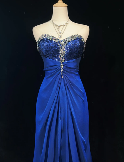 Gorgeous Strapless Satin Sequin Beaded Mermaid Long Party Dress Blue Birthday Prom Dress SP1820