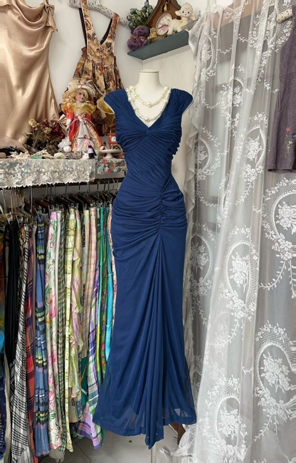Vintage Mermaid Navy Blue Pleated Floor Length Party Dress Prom Dress Y8760