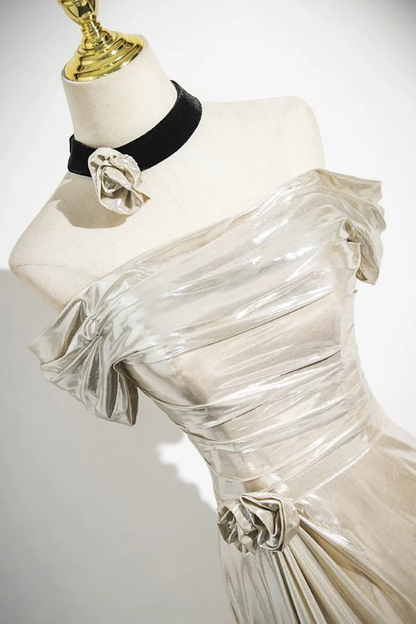 Charming Champagne Off The Shoulder Satin Prom Dress,Mermaid Evening Gown Y8202