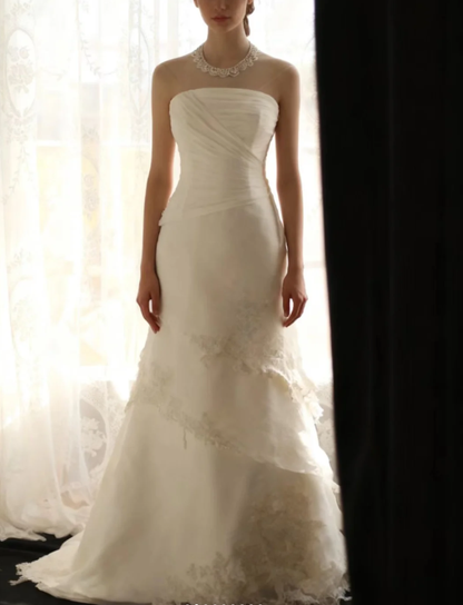 Elegant Strapless White Tulle Lace Appliques Mermaid Bridal Dress Long Wedding Dress SP1169