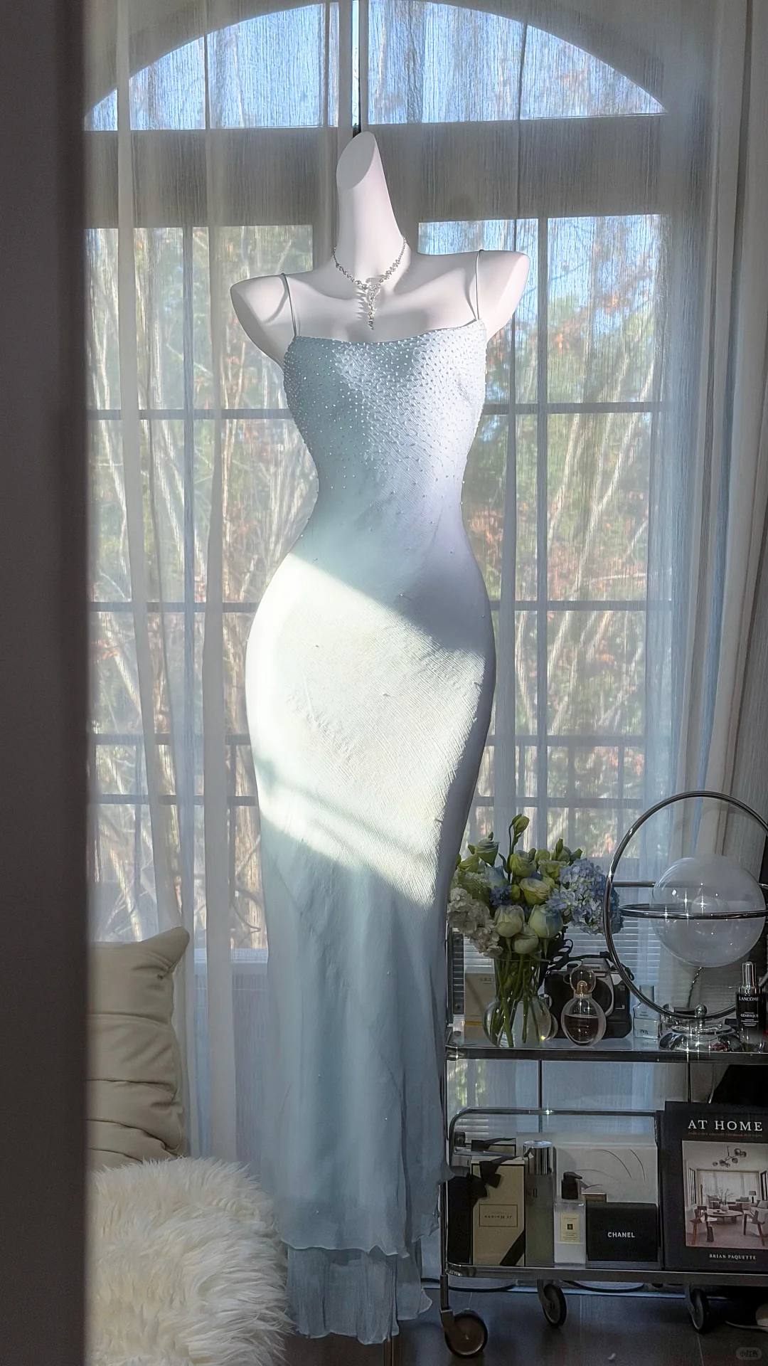 Classy Light Blue Chiffon Beaded Mermaid Long Evening Dress Formal Wedding Guest Dress SP2186
