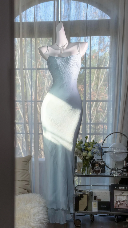 Classy Light Blue Chiffon Beaded Mermaid Long Evening Dress Formal Wedding Guest Dress SP2186