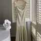 Stylish Ruffled Square Collar Women Satin Mid-Length Dress Slim Waist Female Sleeveless Pencil Mermaid Prom Dress Y6281
