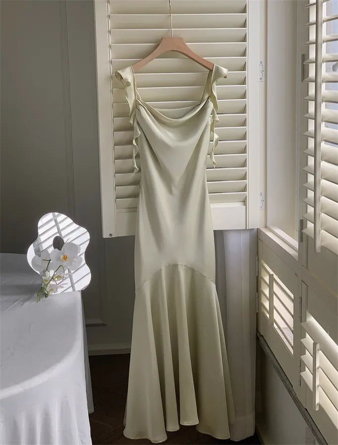 Stylish Ruffled Square Collar Women Satin Mid-Length Dress Slim Waist Female Sleeveless Pencil Mermaid Prom Dress Y6281