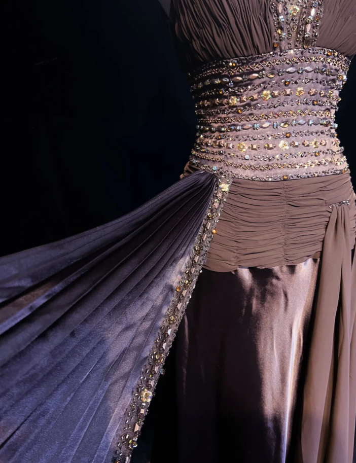 Vintage Brown Satin Chiffon Beaded Mermaid Long Party Dress Birthday Prom Dress SP1860