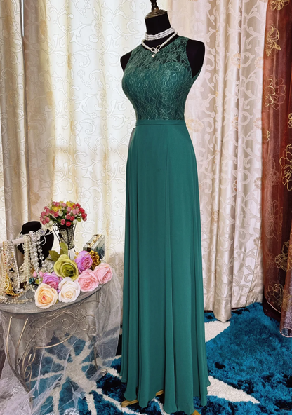 Vintage Green Sleeveless Lace Chiffon A Line Long Evening Dress Formal Wedding Guest Dress SP2385