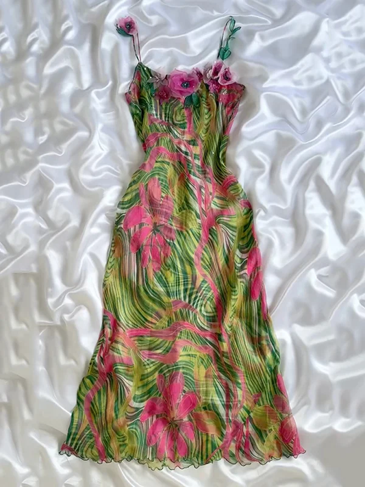 Charming Spaghetti Straps Chiffon Printed Floral Appliques Long Party Dress Formal Evening Dress Y9932