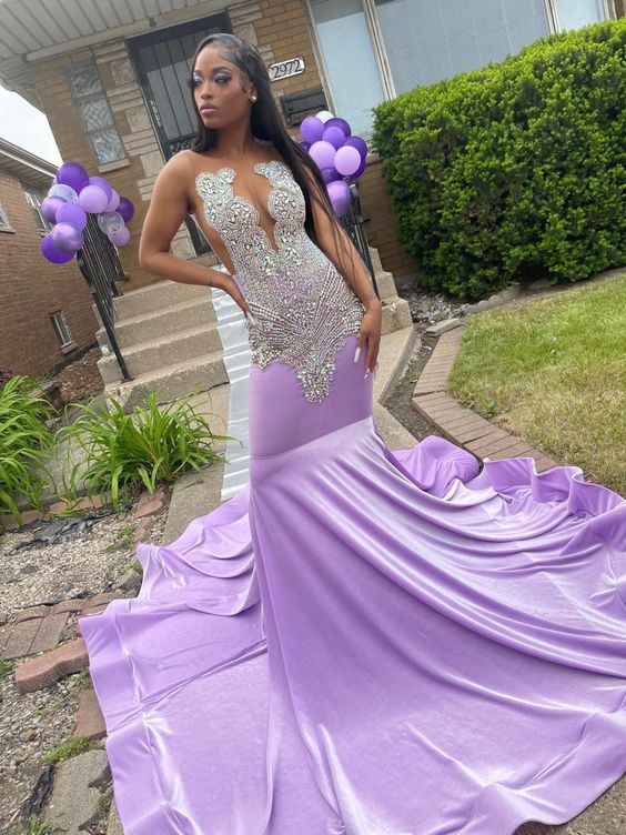 Lavender mermaid prom dress hot sale