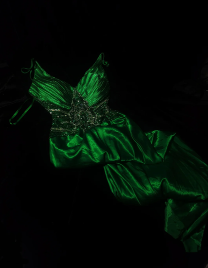 Classy V Neck Spaghetti Straps Green Satin Beaded Mermaid Birthday Prom Dress Evening Gown SP568