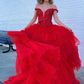 Pink Tulle Lace Off-the-Shoulder Ruffles Tiered Long Prom Dress Y2313