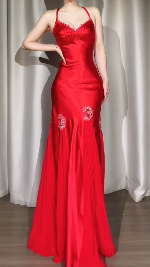 Stylish Spaghetti Straps Satin Beaded Mermaid Evening Dress Red Backless Long Party Dress SP1769