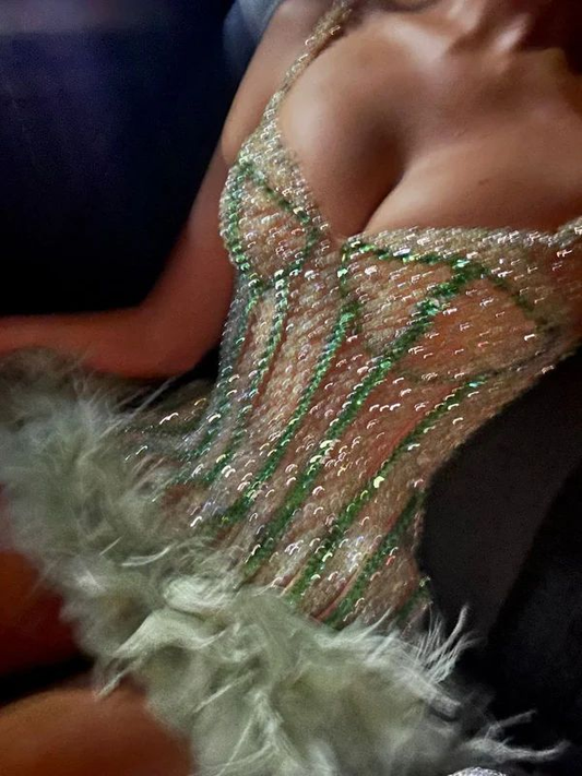 Gorgeous Spaghetti Straps Mint Green Sequin Beaded Feathers Sheath Cocktail Dress Formal Homecoming Dress Y9204