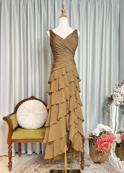 Vintage V Neck Satin Pleated Layered Ruffle Mermaid Prom Gown Formal Birthday Party Dress SP628