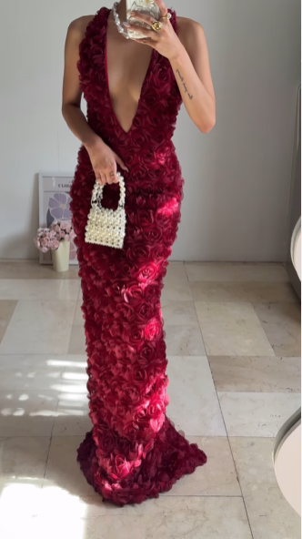 Gorgeous Deep V Burgundy Rose Flowers Sheath Long Prom Dress Evening Dress Y8504
