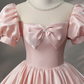 Beautiful Pink Scoop Neck Satin Floor Length Prom Dress, A-Line Short Sleeve Evening Dress with Bow Y6082
