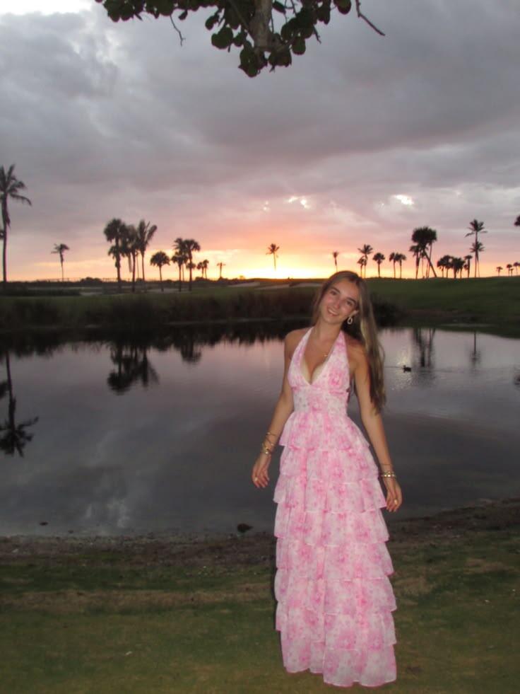 Pretty Halter V Neck Chiffon Print Floral Layered Long Party Dress Pink Long Birthday Prom Dress SP3951