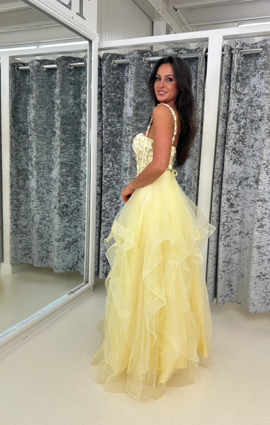 Cute Spaghetti Straps Yellow Tulle Beaded Lace Appliques Formal Prom Dress Party Dress SP642