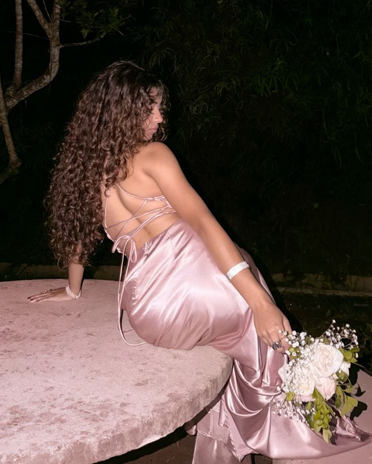 Classy Spaghetti Straps Pink V Neck Satin Mermaid Long Evening Dress Formal Wedding Guest Dress SP1482