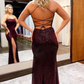 Sequins Spaghetti Straps Sheath Burgundy Prom Dress with Slit Y4723