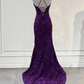 Dark Purple Prom Dress Sequin Mermaid Formal Evening Dress With Split Y5639