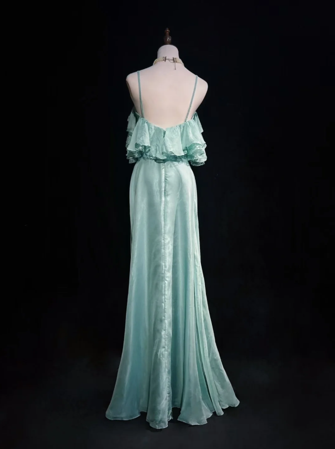 Elegant Mint Green Spaghetti Straps Lace Satin Mermaid Long Wedding Guest Dress Formal Birthday Party Dress  SP1281
