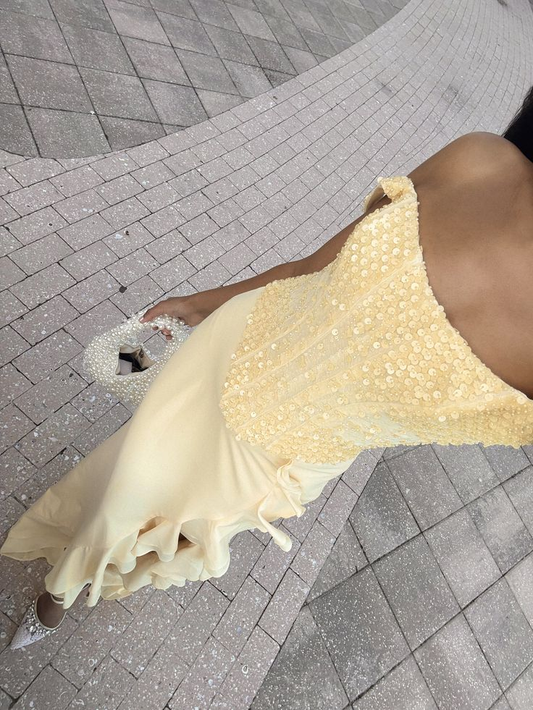 Classy Strapless Yellow Sequin Chiffon Ruffle Mermaid Prom Dress Evening Gown SP662