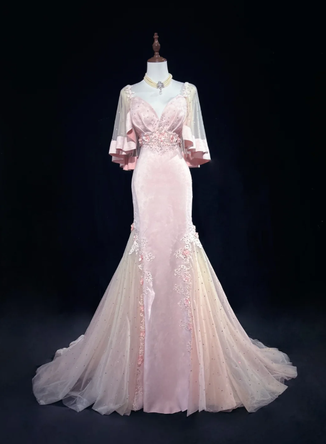 Sweet Pink V Neck Appliques Mermaid Long Birthday Party Dress Prom Dresses SP1285