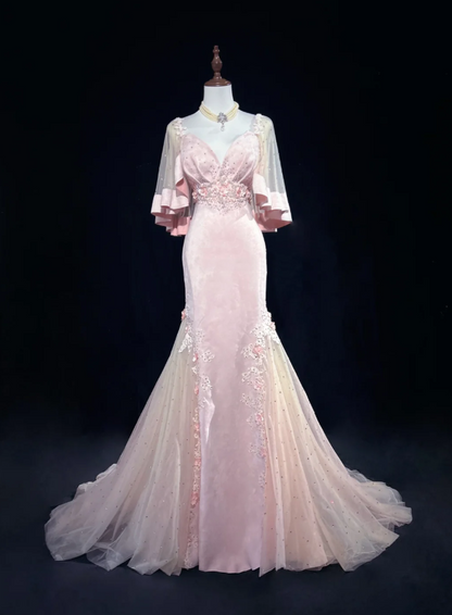 Sweet Pink V Neck Appliques Mermaid Long Birthday Party Dress Prom Dresses SP1285