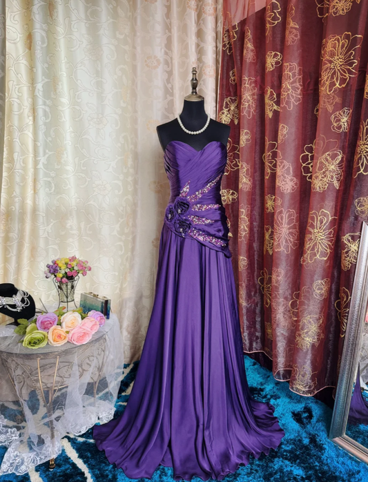 Elegant Strapless Purple Satin Pleated Beaded Mermaid Long Party Dress 19th Birthday Outfits SP1955