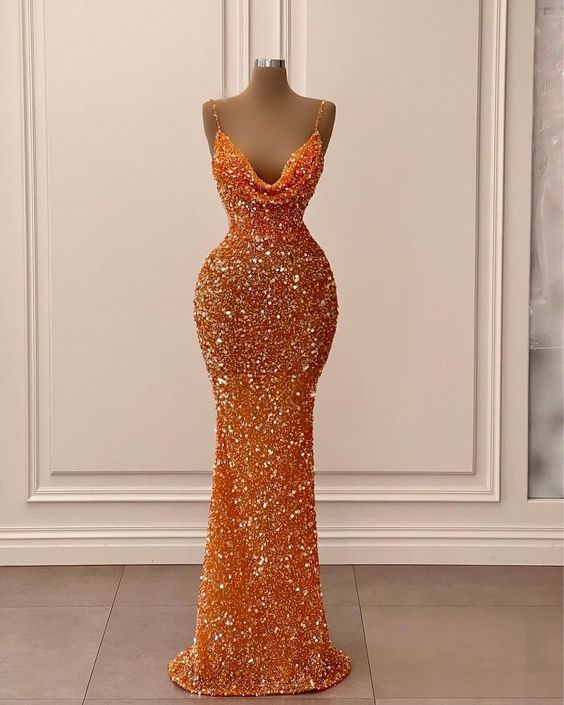 Spaghetti Straps Sparkly Evening Dress Orange Glitter Mermaid Prom Dress Y6105