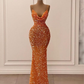 Spaghetti Straps Sparkly Evening Dress Orange Glitter Mermaid Prom Dress Y6105