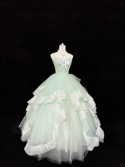 Sweet Spaghetti Straps Mint Green Tulle Ball Gown Formal Quinceanera Dress With Bow SP2218