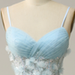 Women Sky Blue Spaghetti Straps A Line Tulle Long Prom Dress Y7032