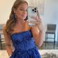 Blue A line tulle sequin long prom dress, blue tulle evening dress Y3065