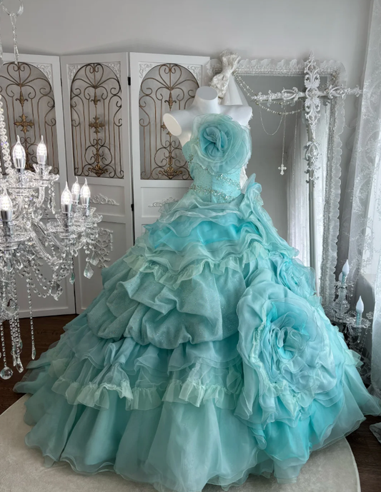 Unique Blue 3D Flowers Birthday Ball Gown,Pretty Tulle Pleated Beaded Formal Quinceanera Dress SP1448
