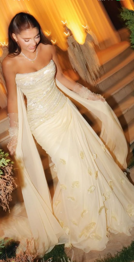 Classy Strapless Sequin Appliques Chiffon Pleated Mermaid Party Gown Formal Wedding Guest Dress SP578