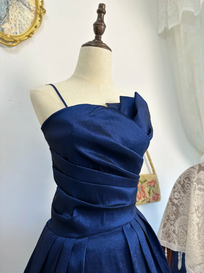 Elegant Spaghetti Straps Satin Pleated Blue Short Homecoming Dress Birthday Outfits Y9476