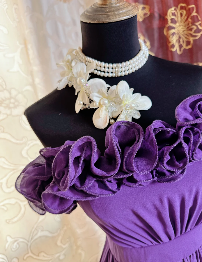 Classy Purple Ruffles Strapless Chiffon Long Prom Dress Evening Gown SP1895