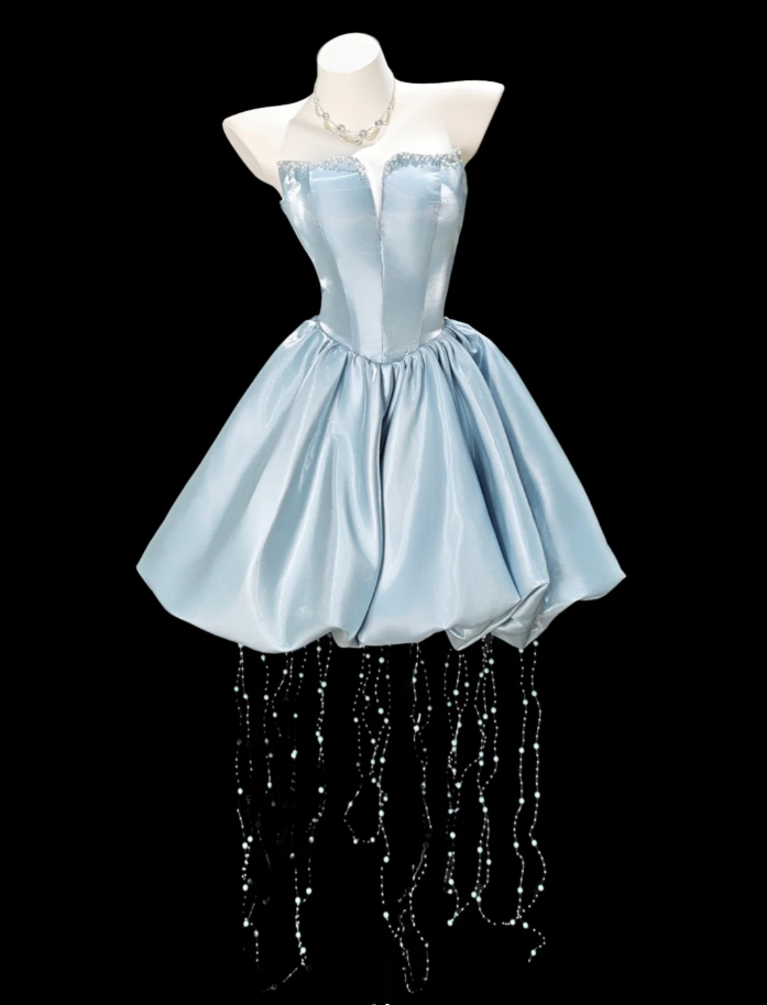 Classy Blue Strapless Satin Tulle Beaded A Line Long Party Dress 21st –  Simplepromdress
