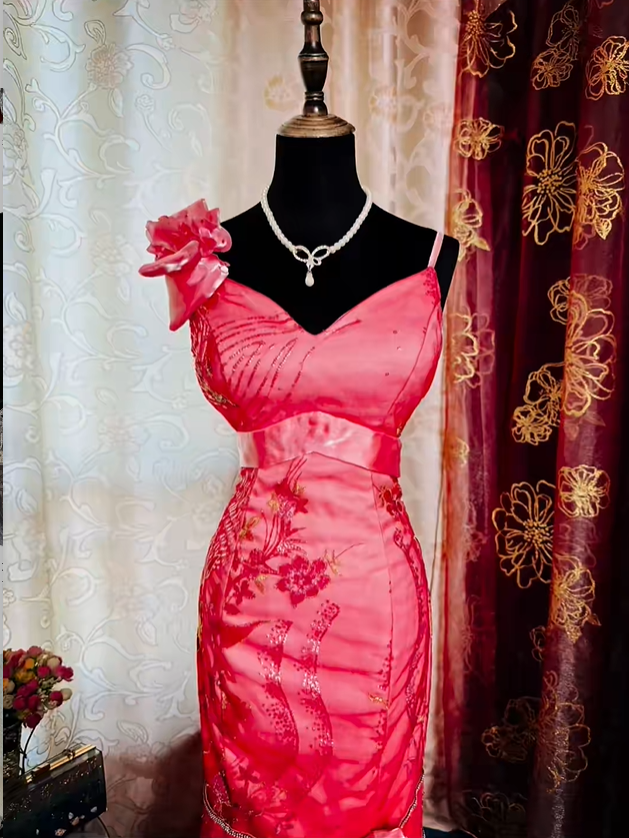 Vintage Spaghetti Straps Satin Embroidery Beaded Mermaid Evening Dress Pink Long Prom Gown SP2375