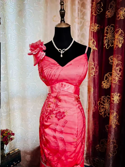 Vintage Spaghetti Straps Satin Embroidery Beaded Mermaid Evening Dress Pink Long Prom Gown SP2375